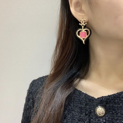 CC Gold Tone Heart Black Enamel Pink Resin Earrings