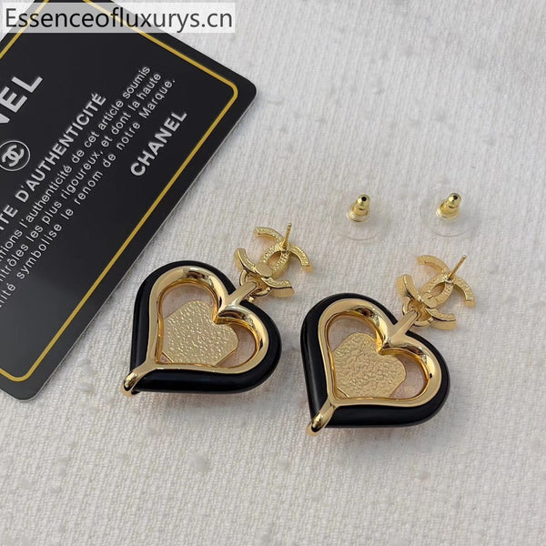 CC Gold Tone Heart Black Enamel Pink Resin Earrings