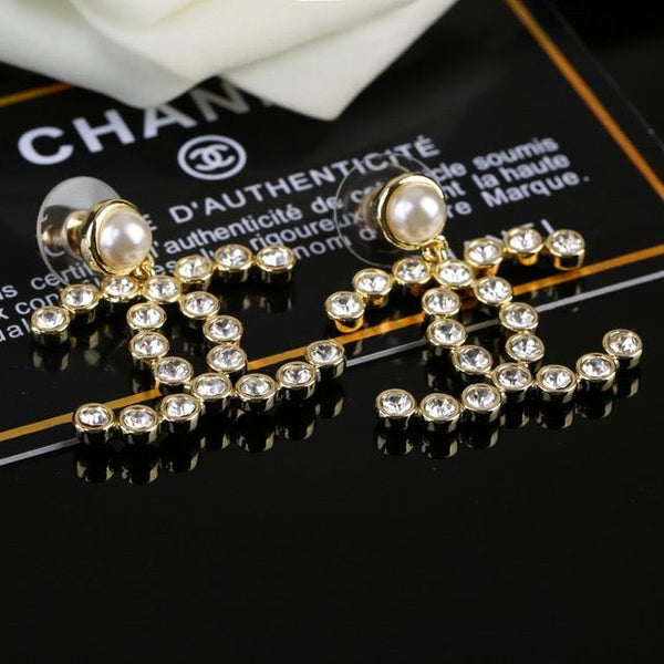 Gold Pearl Crystal CC Logo Dangle Drop Statement Pendant Earrings