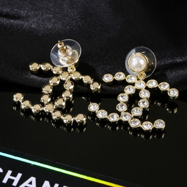 Gold Pearl Crystal CC Logo Dangle Drop Statement Pendant Earrings