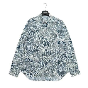 Imported White & Blue  All Over Print Button Up Shirt