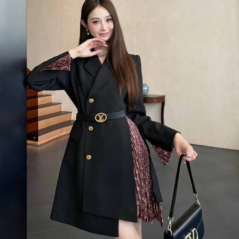 Luxury Pleated Color Block Black Belted Jacket One Piece