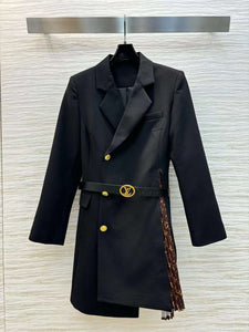 Luxury Pleated Color Block Black Belted Jacket One Piece