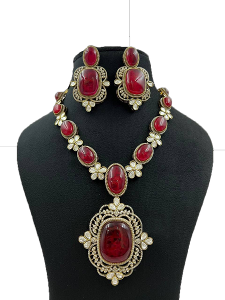 Gold Plated Long Necklace Set With Ruby Stone