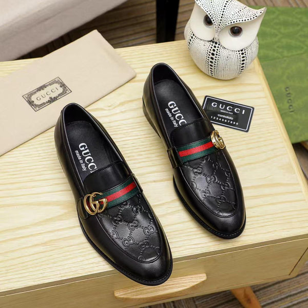 Black Leather GG Web Loafers