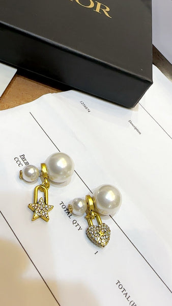 Gold Plated Heart and Star Earrings With Detachable Pearl Tops
