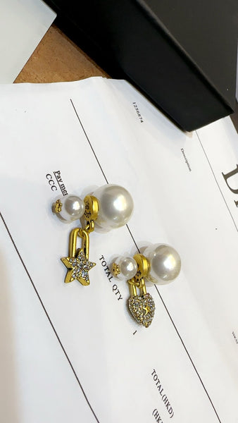 Gold Plated Heart and Star Earrings With Detachable Pearl Tops