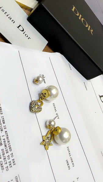 Gold Plated Heart and Star Earrings With Detachable Pearl Tops