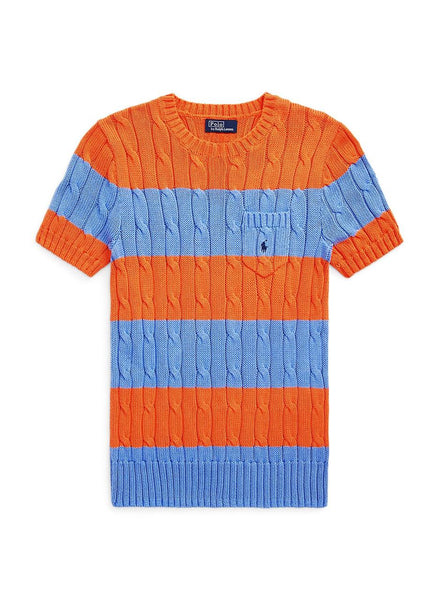 Imported Striped Cable-Knit Short-Sleeve Jumper