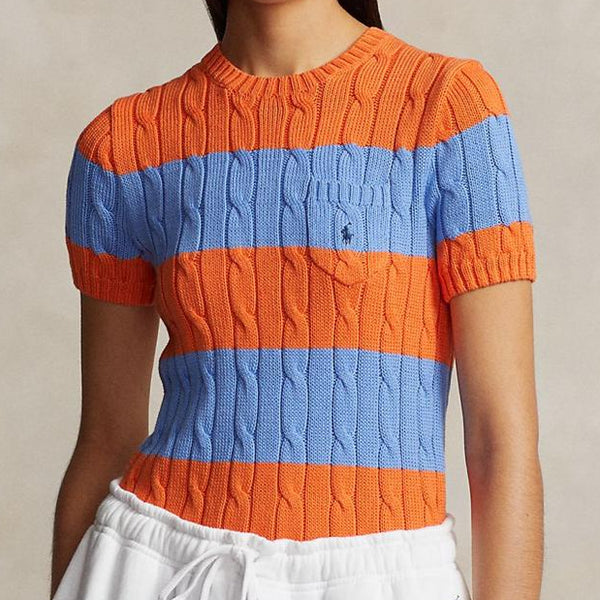 Imported Striped Cable-Knit Short-Sleeve Jumper