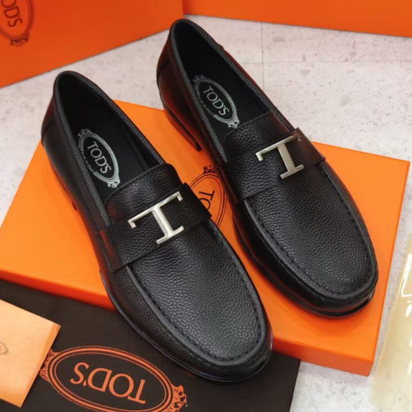 Classic Black Leather Shoes with Signature ‘T’ Buckle for Men