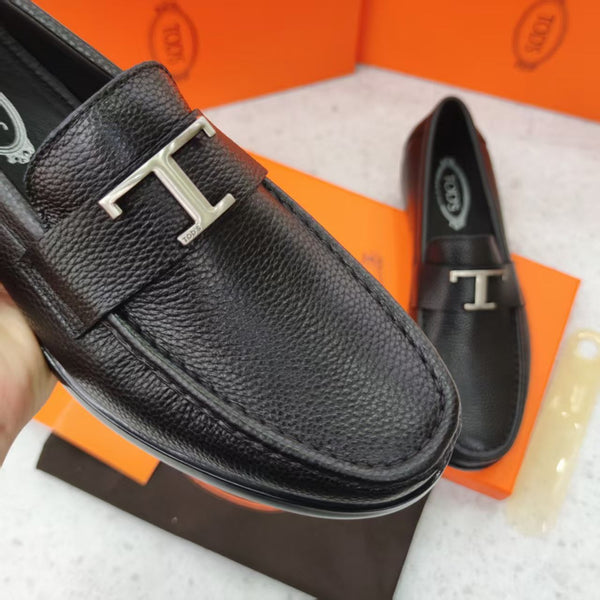 Classic Black Leather Shoes with Signature ‘T’ Buckle for Men