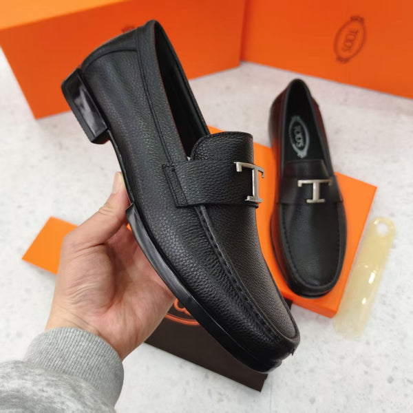 Classic Black Leather Shoes with Signature ‘T’ Buckle for Men