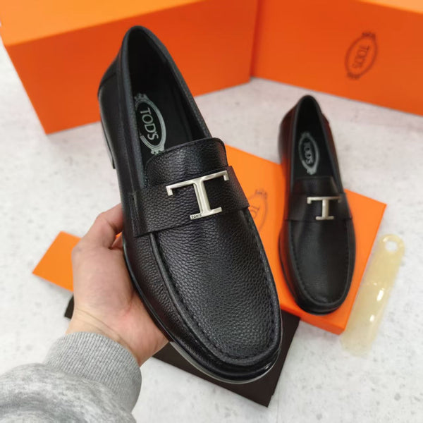 Classic Black Leather Shoes with Signature ‘T’ Buckle for Men