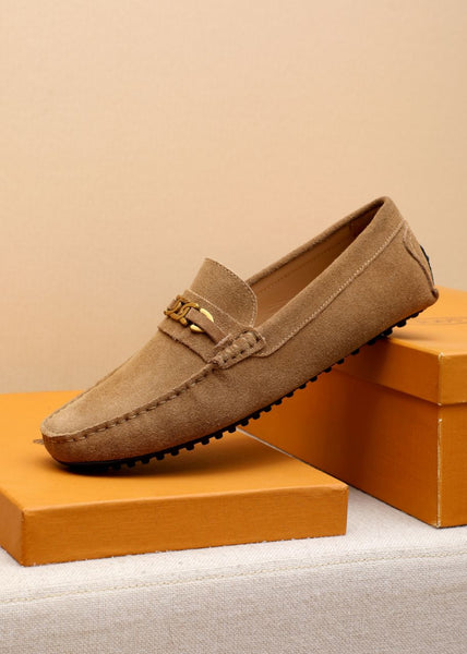 Premium Brown Suede Driving Loafers with Gold Chain Accent