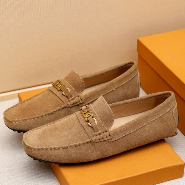 Premium Brown Suede Driving Loafers with Gold Chain Accent