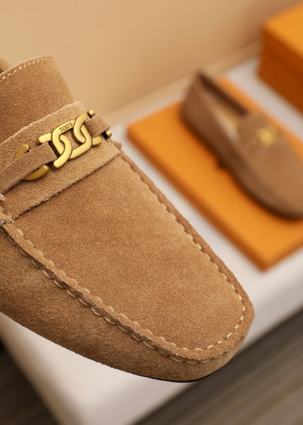Premium Brown Suede Driving Loafers with Gold Chain Accent