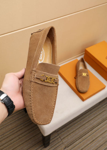 Premium Brown Suede Driving Loafers with Gold Chain Accent