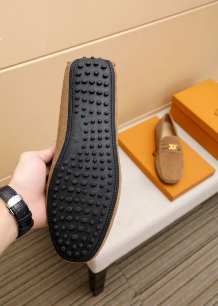 Premium Brown Suede Driving Loafers with Gold Chain Accent