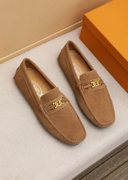 Premium Brown Suede Driving Loafers with Gold Chain Accent