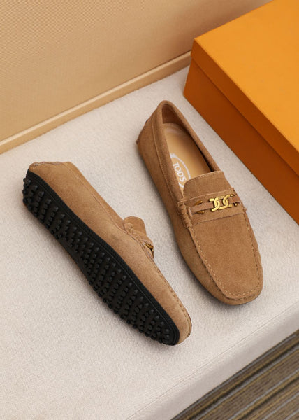 Premium Brown Suede Driving Loafers with Gold Chain Accent