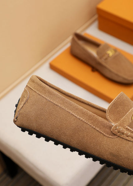 Premium Brown Suede Driving Loafers with Gold Chain Accent