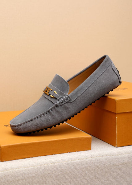Elegant Grey Suede Driving Loafers with Signature Metal Buckle