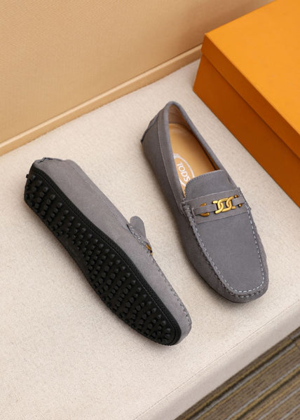 Elegant Grey Suede Driving Loafers with Signature Metal Buckle