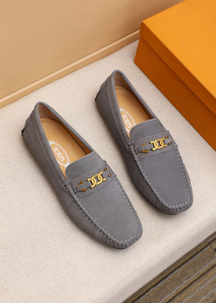 Elegant Grey Suede Driving Loafers with Signature Metal Buckle
