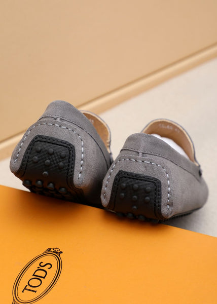 Elegant Grey Suede Driving Loafers with Signature Metal Buckle