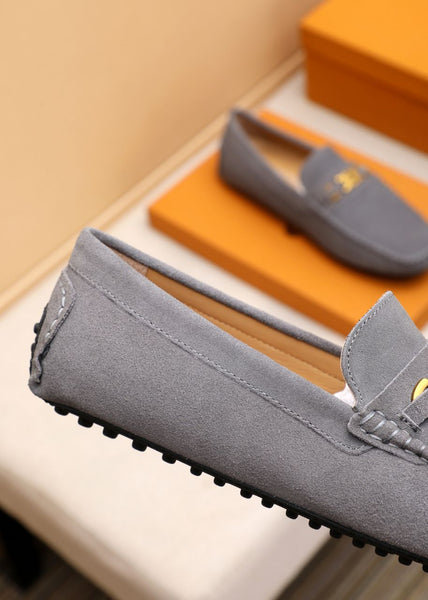 Elegant Grey Suede Driving Loafers with Signature Metal Buckle