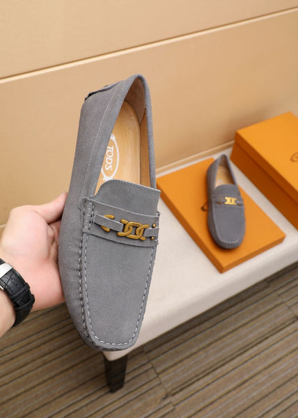 Elegant Grey Suede Driving Loafers with Signature Metal Buckle