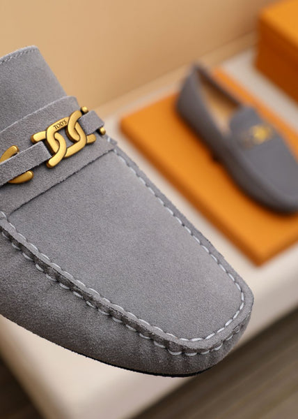 Elegant Grey Suede Driving Loafers with Signature Metal Buckle