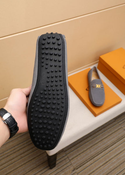 Elegant Grey Suede Driving Loafers with Signature Metal Buckle