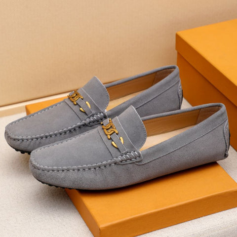 Elegant Grey Suede Driving Loafers with Signature Metal Buckle