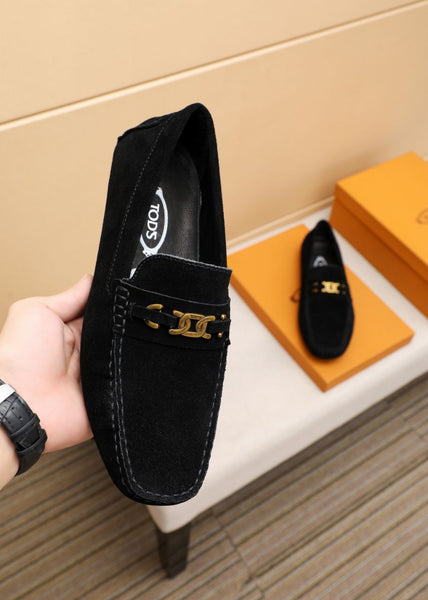 Black Suede Driving Loafers with Signature Gold Buckle Detail