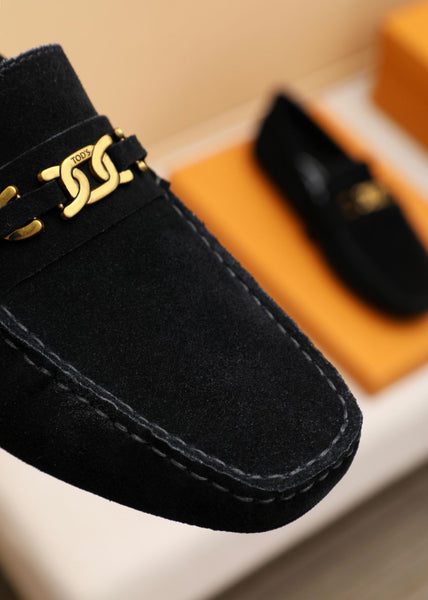 Black Suede Driving Loafers with Signature Gold Buckle Detail