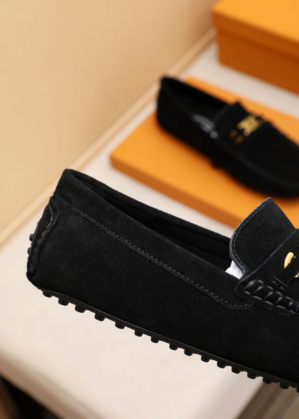 Black Suede Driving Loafers with Signature Gold Buckle Detail