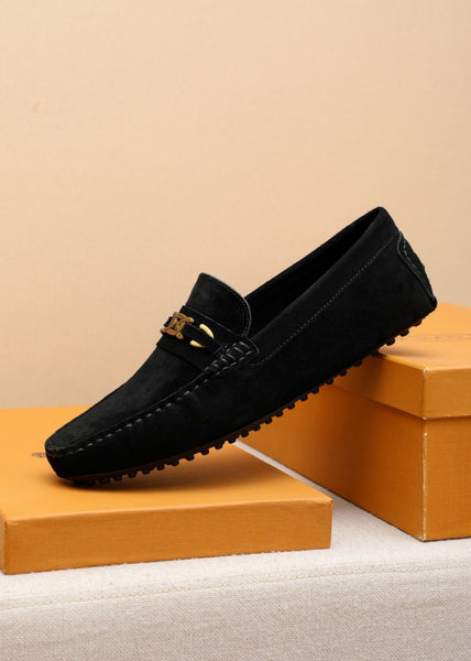 Black Suede Driving Loafers with Signature Gold Buckle Detail