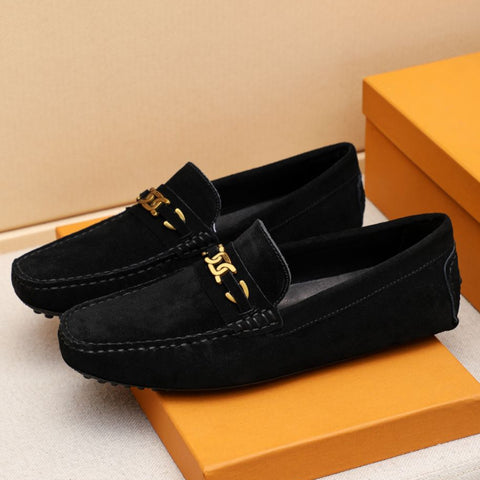 Black Suede Driving Loafers with Signature Gold Buckle Detail