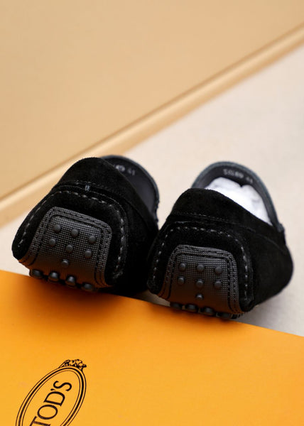 Black Suede Driving Loafers with Signature Gold Buckle Detail