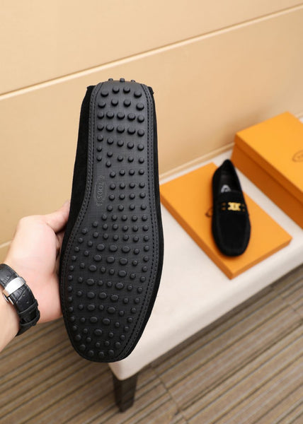 Black Suede Driving Loafers with Signature Gold Buckle Detail