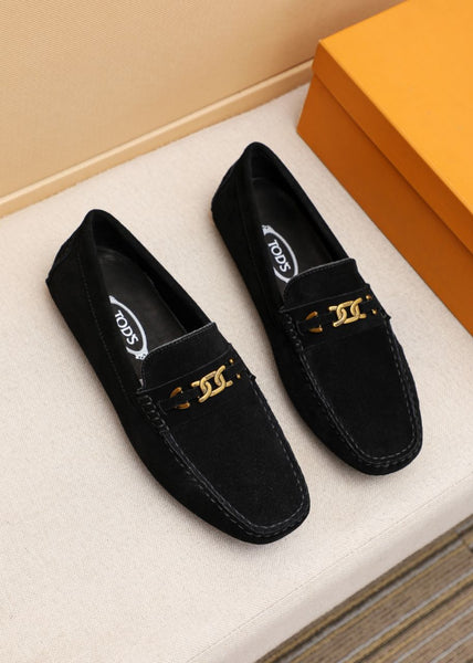 Black Suede Driving Loafers with Signature Gold Buckle Detail