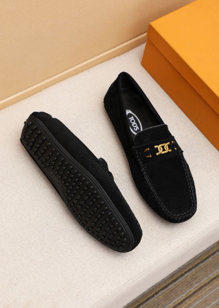 Black Suede Driving Loafers with Signature Gold Buckle Detail