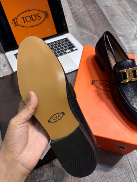 Iconic Black Leather Loafers with Gold Chain Detail