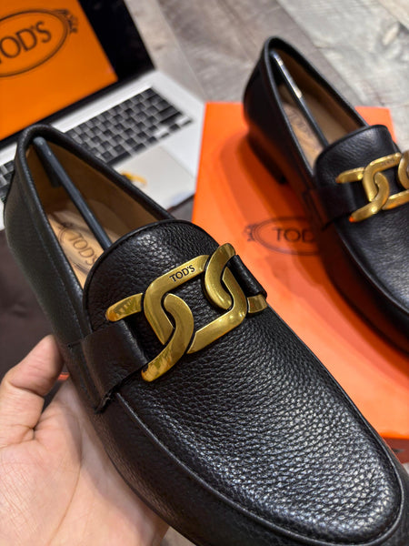 Iconic Black Leather Loafers with Gold Chain Detail