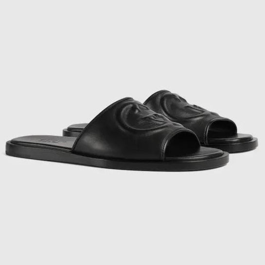 Men Luxe Black Slipper – Minimalist Embossed Design