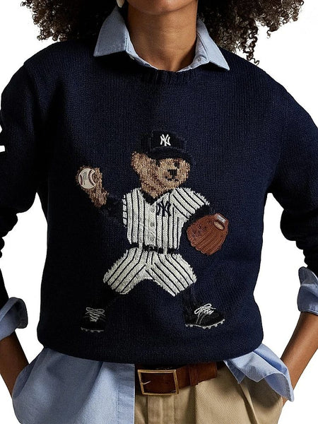 Luxury Polo Bear Yankees Knit Sweater  Navy Baseball Edition