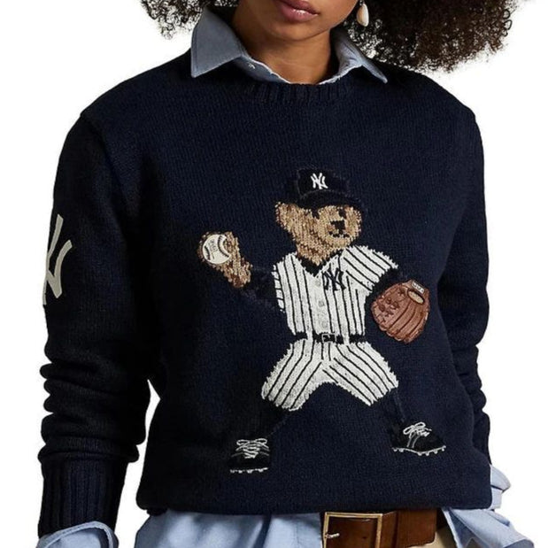 Luxury Polo Bear Yankees Knit Sweater  Navy Baseball Edition