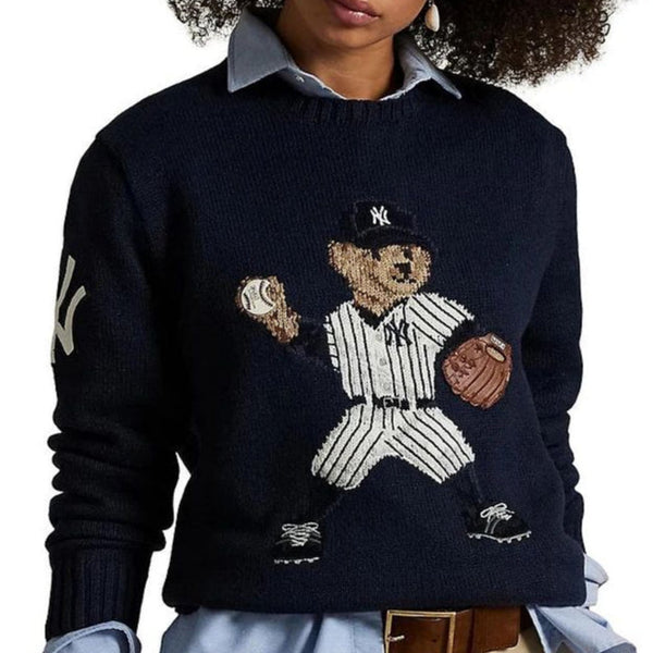 Luxury Polo Bear Yankees Knit Sweater  Navy Baseball Edition